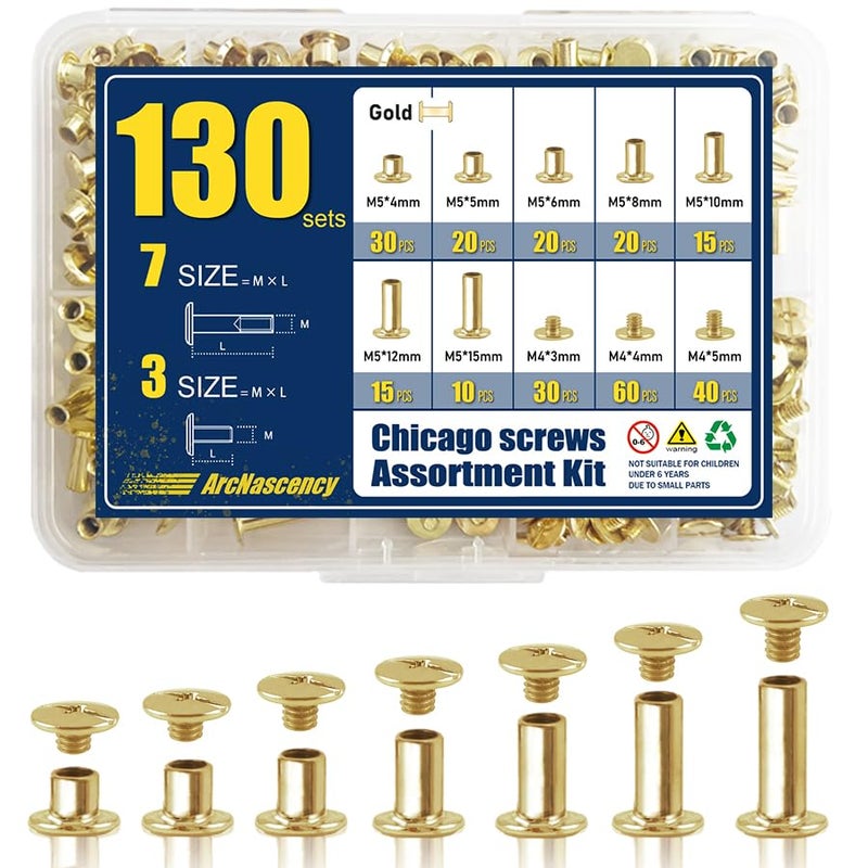 ArcNascency Store 130 Sets Gold Chicago Screws Leather Rivets Kit, 7 Sizes (M5*4,5,6,8,10,12,15) & 3 Screw Lengths (M4*3,4,5) for Belts, Bookbinding, DIY Leather (Gold) - Image 1